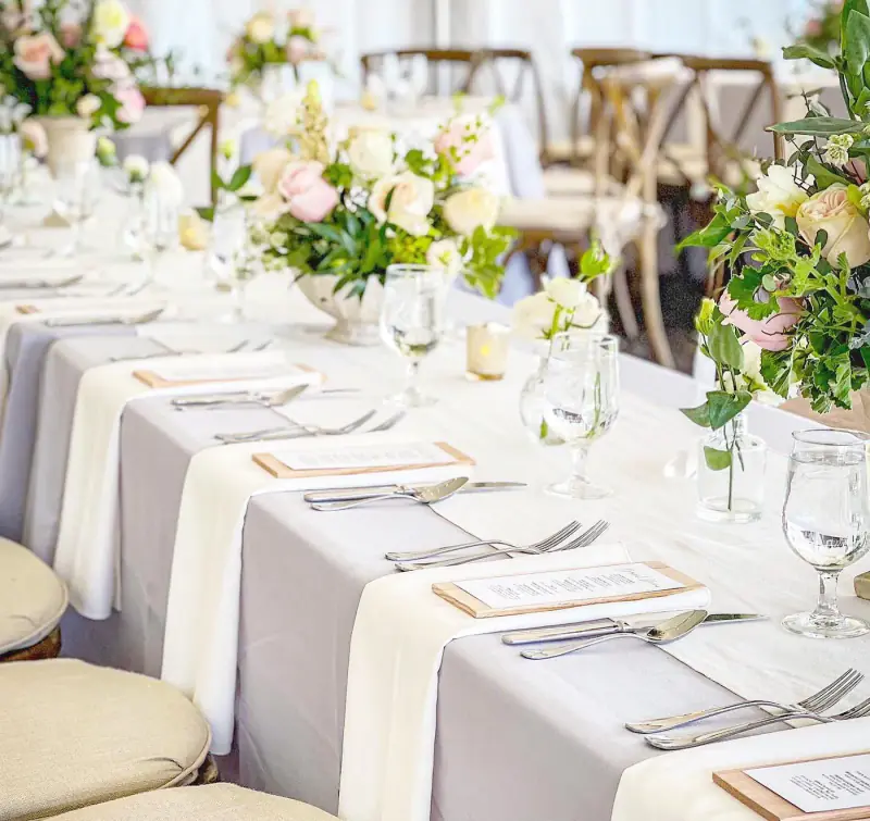 Garden dinner with long linen table